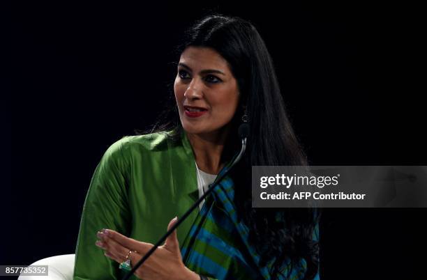 Dipali Goenka, CEO and joint managing director of Welspun India, gestures as she speaks during the India Economic Summit in New Delhi on October 5,...