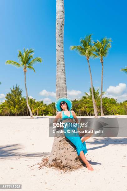 tourist resting by a palm tree on juanillo beach, dominican republic. - sarong stock-fotos und bilder