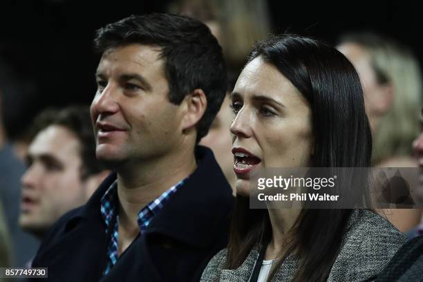 Labour Party leader Jacinda Ardern and her partner Clarke Gayford during the 2017 Constellation Cup match between the New Zealand Silver Ferns and...