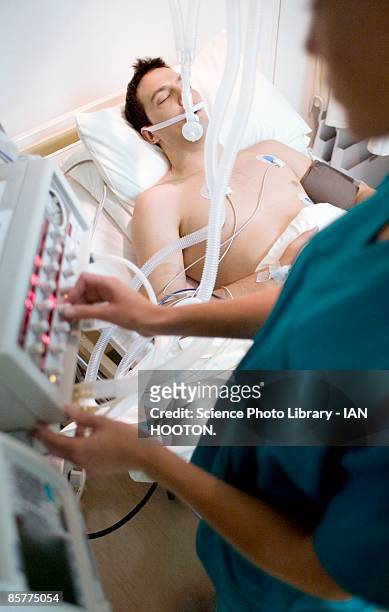 nurse controls ventilator attached to unconscious patient - patient on ventilator stock pictures, royalty-free photos & images