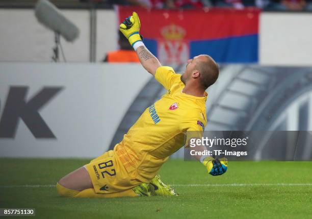 Goalkeeper Milan Borjan of Belgrad celebrate a goal during the UEFA Europa League group H match between 1. FC Koeln and Crvena Zvezda at...