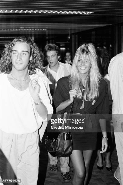 Mandy Smith at Gatwick Airport with her family and boyfriend Keith Daley, 14th August 1986.