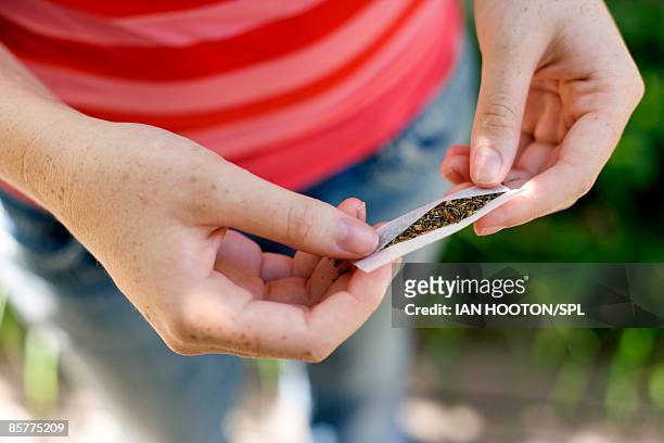 girl holding marijuana in hand , close-up - marijuana joint stock-fotos und bilder