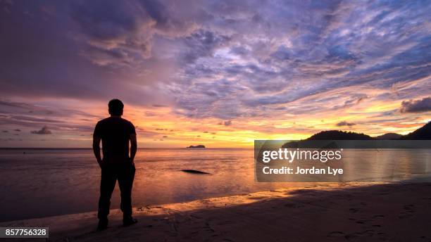 silhouette of a man standing at beach - luz al final del túnel fotografías e imágenes de stock