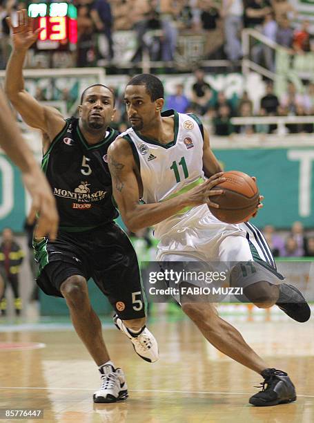 Panathinaikos Athens's Drew Nicholas vies with Montepaschi's Siena Terrel McIntyre during their quarterfinals playoffs, game 4, Euroleague basketball...