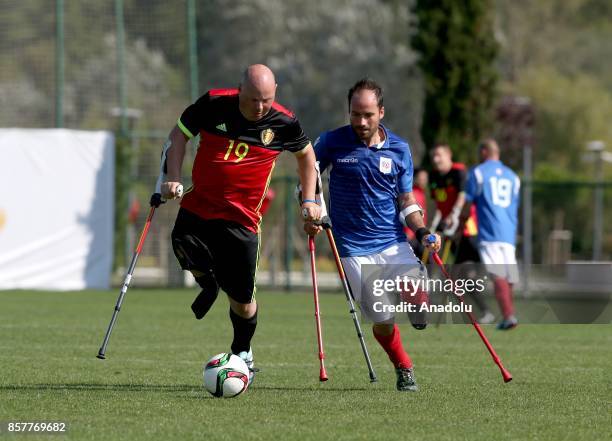 Caille Jonhathan of France in action against Vancoppenolle Steven of Belgium during the European Amputee Football Federation European Championship...