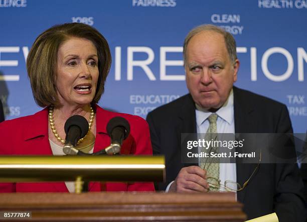 April 02: House Speaker Nancy Pelosi, D-Calif., and House Budget Chairman John M. Spratt Jr., D-S.C., during a news conference on the fiscal 2010...