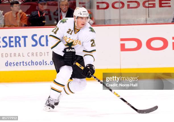 Loui Eriksson of the Dallas Stars skates the puck up ice against the Phoenix Coyotes on March 30, 2009 at Jobing.com Arena in Glendale, Arizona.