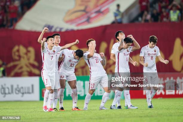 Shanghai SIPG squad celebrating a score during the AFC Champions League 2017 Quarter-Finals match between Guangzhou Evergrande vs Shanghai SIPG at...