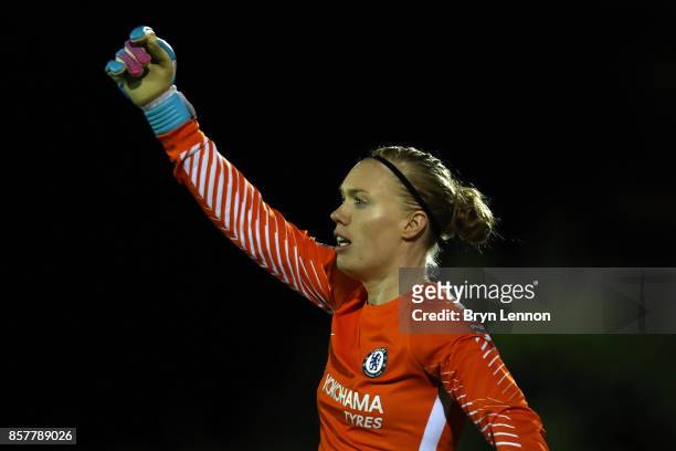 Chelsea Ladies goalkeeper Hedvig Lindahl looks on during the UEFA Womens Champions League Round of 32: First Leg match between Chelsea Ladies and...
