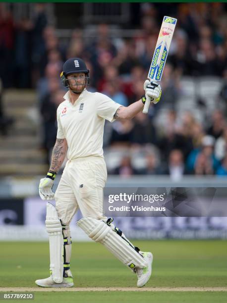 Ben Stokes of England reaches his half century during Day Two of the 3rd Investec Test Match between England and West Indies at Lord's Cricket Ground...