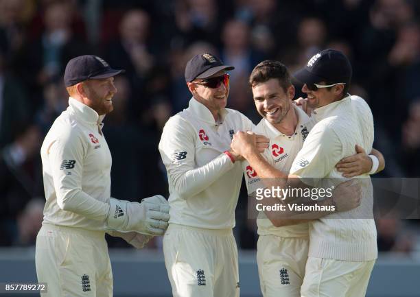 James Anderson of England celebrates taking the wicket of Kraigg Brathwaite, in doing so reached the 500 test wicket milestone during Day Two of the...