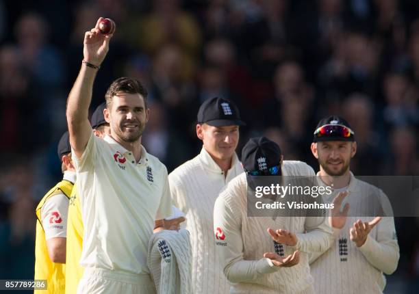 James Anderson of England acknowledges the crowd after taking the wicket of Kraigg Brathwaite, in doing so reached the 500 test wicket milestone...