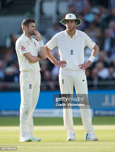 James Anderson and Stuart Broad of England during Day Two of the 3rd Investec Test Match between England and West Indies at Lord's Cricket Ground on...