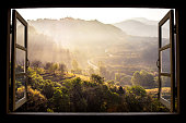 landscape nature view background. view from window at a wonderful landscape nature view with rice terraces and space for your text in Chiangmai, Thailand , Indochina