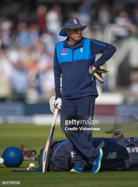 England coach Trevor Bayliss during Day Three of the 3rd Investec Test Match between England and West Indies at Lord's Cricket Ground on September 9,...
