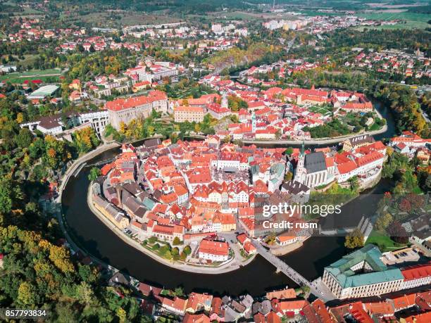 aerial panorama of cesky krumlov - cesky krumlov autumn stock pictures, royalty-free photos & images