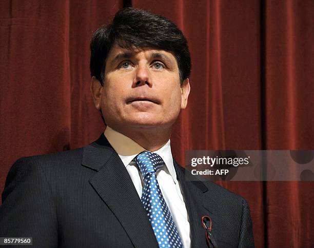 This February 15, 2008 file photo shows then Illinois Governor Rod Blagojevich during a press conference at Northern Illinois University in DeKalb,...
