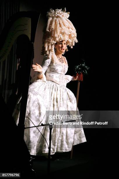 Armelle Lesniak performs during the "Diner Surrealiste" to celebrate the 241th birthday of "Maison Louis Roederer" on October 4, 2017 in Reims,...