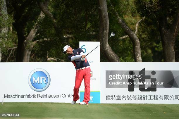Lu Wei-chih of Taiwan in action during round one for the Yeangder Tournament Players Championship at Linkou lnternational Golf and Country Club on...