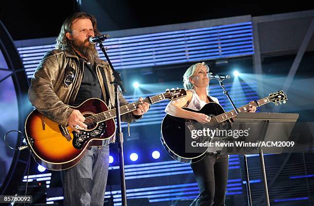 Musicians Jamey Johnson and Lee Ann Womack rehearse onstage for George Strait: Academy of Country Music Artist of the Decade All Star Concert held at...