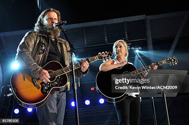 Musicians Jamey Johnson and Lee Ann Womack rehearse onstage for George Strait: Academy of Country Music Artist of the Decade All Star Concert held at...