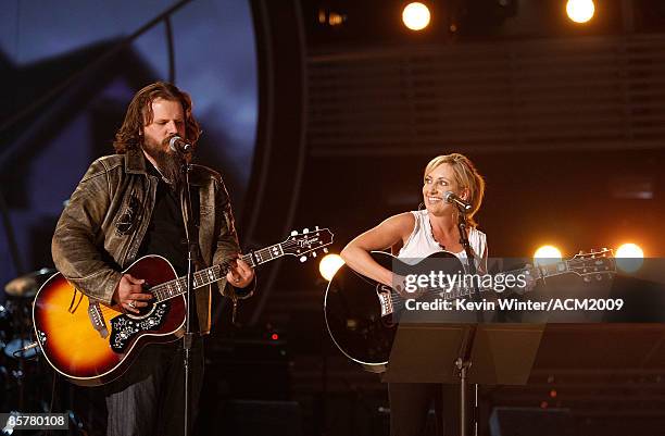 Musicians Jamey Johnson and Lee Ann Womack rehearse onstage for George Strait: Academy of Country Music Artist of the Decade All Star Concert held at...
