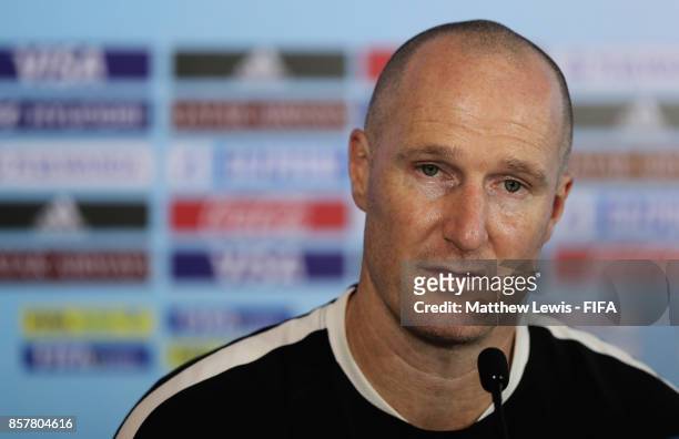 Danny Hay, Head Coach of New Zealand talks to media ahead of the FIFA U-17 World Cup India 2017 tournament at the DY Patil Stadium on October 5, 2017...