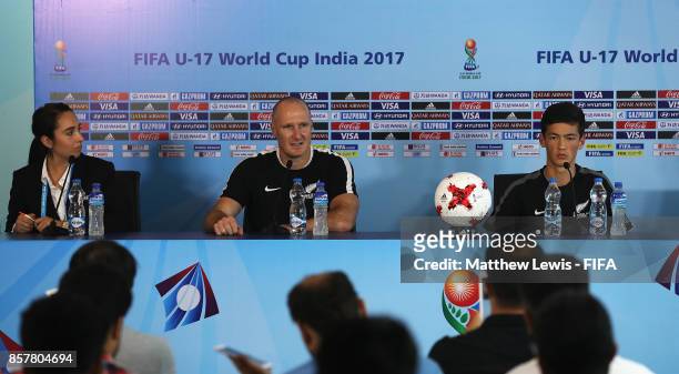 Danny Hay, Head Coach of New Zealand and Elijah Just of New Zealand talks to media ahead of the FIFA U-17 World Cup India 2017 tournament at the DY...