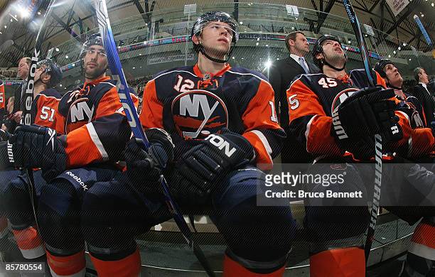 Josh Bailey of the New York Islanders waits for his shift during the game against the Montreal Canadiens on April 2, 2009 at the Nassau Coliseum in...