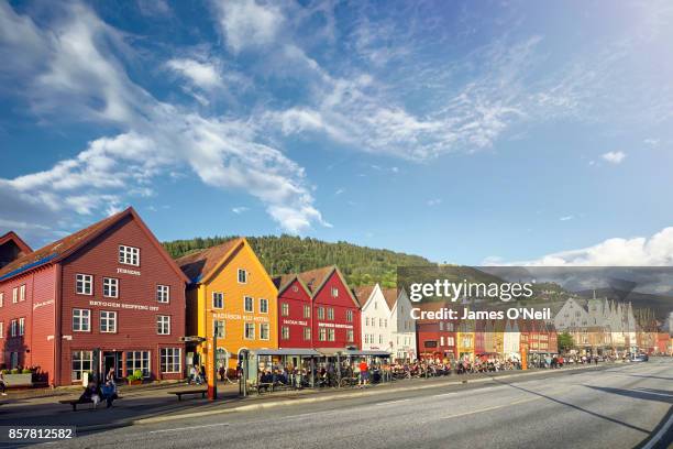 bryggen store fronts, bergen, norway - bergen foto e immagini stock