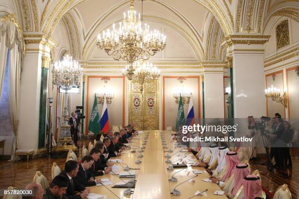 Russian President Vladimir Putin during a meeting with King Salman bin Abdulaziz Al Saud of Saudi Arabia at the Grand Kremlin Palace on October 5,...