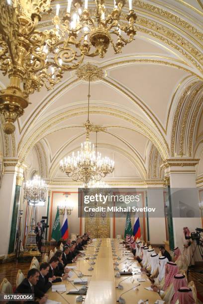 Russian President Vladimir Putin during a meeting with King Salman bin Abdulaziz Al Saud of Saudi Arabia at the Grand Kremlin Palace on October 5,...