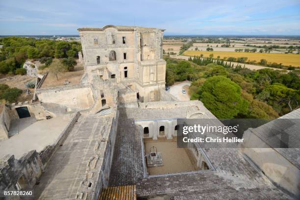 view over maurist monastery & cloister of montmajour abbey arles provence - abbey of montmajour stock pictures, royalty-free photos & images