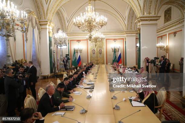 Russian President Vladimir Putin during a meeting with King Salman bin Abdulaziz Al Saud of Saudi Arabia at the Grand Kremlin Palace on October 5,...