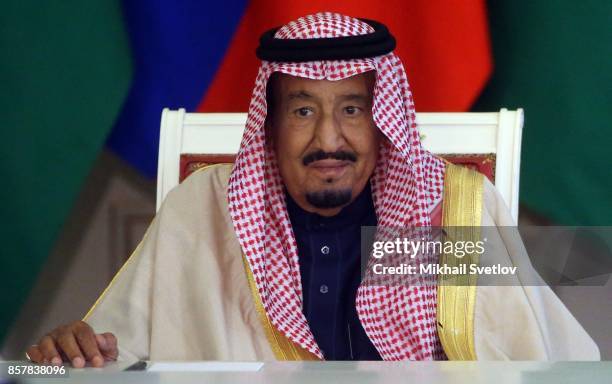 King Salman bin Abdulaziz Al Saud during talks at the Grand Kremlin Palace on October 5, 2017 in Moscow, Russia. King Salman is on a state visit to...