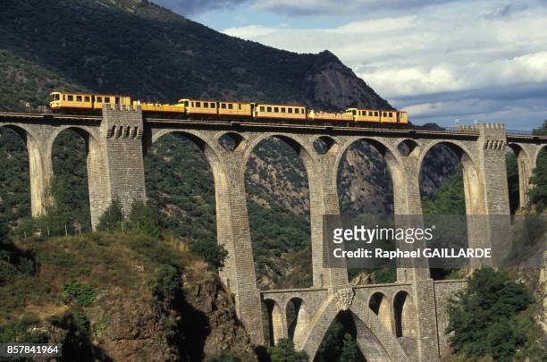 Le petit train jaune de Cerdagne sur le pont Sejourne long de 236 metres sur le Tet en septembre 1993 en France.
