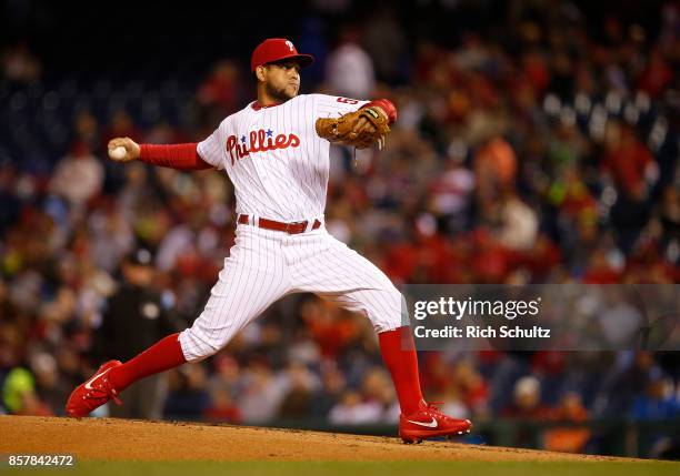 Henderson Alvarez of the Philadelphia Phillies in action against the New York Mets during a game at Citizens Bank Park on September 30, 2017 in...