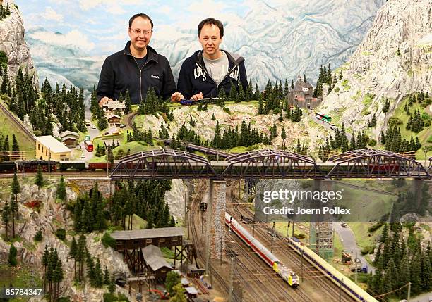 The creator twin brothers Frederick and Gerrit Braun of the "Miniatur Wunderland" are pictured in the train set on April 2, 2009 in Hamburg, Germany....