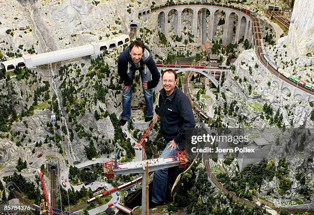 The creator twin brothers Frederick and Gerrit Braun of the "Miniatur Wunderland" are pictured in the train set on April 2, 2009 in Hamburg, Germany....