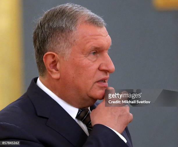 Russian businessman, Rosneft's President Igor Sechin attends Russian-Saudi talks at the Grand Kremlin Palace on October 5, 2017 in Moscow, Russia....