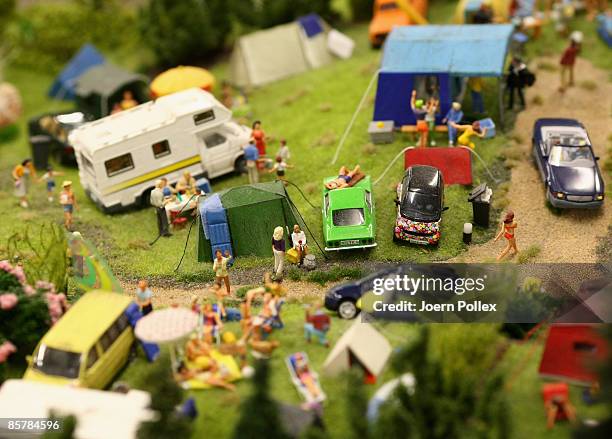 Details of a camping scene are seen in the Knuffingen part of the "Miniatur Wunderland" on April 2, 2009 in Hamburg, Germany. The world's largest...