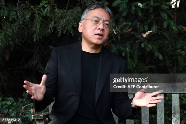 British author Kazuo Ishiguro holds a press conference in London on October 5, 2017 after being awarded the Nobel Prize for Literature. Kazuo...
