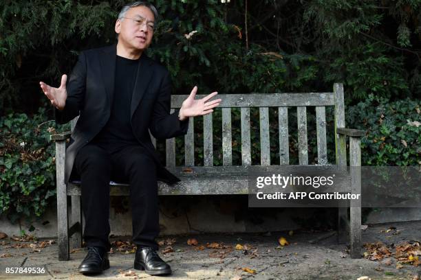 British author Kazuo Ishiguro holds a press conference in London on October 5, 2017 after being awarded the Nobel Prize for Literature. Kazuo...