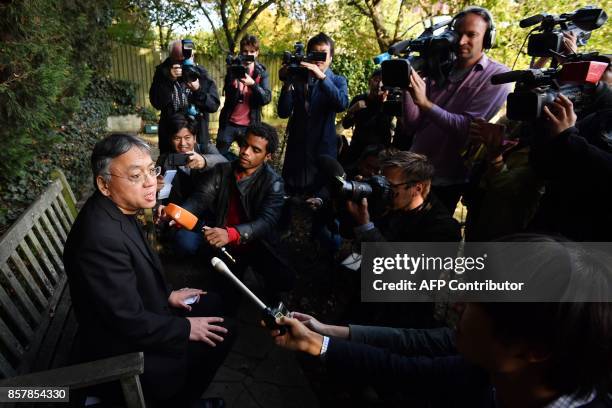 British author Kazuo Ishiguro holds a press conference in London on October 5, 2017 after being awarded the Nobel Prize for Literature. Kazuo...