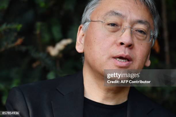 British author Kazuo Ishiguro holds a press conference in London on October 5, 2017 after being awarded the Nobel Prize for Literature. Kazuo...