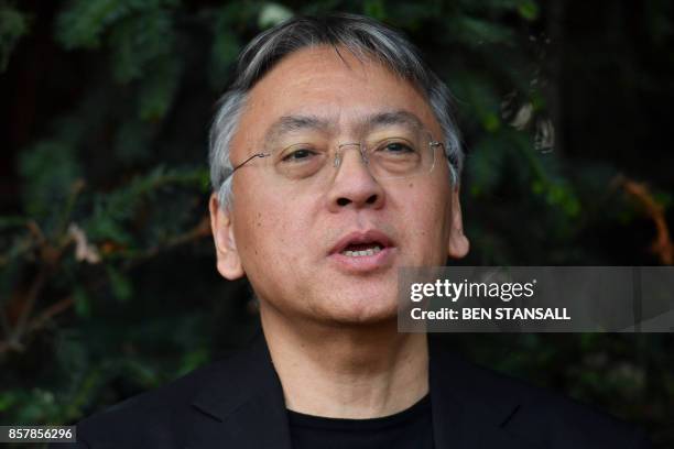 British author Kazuo Ishiguro holds a press conference in London on October 5, 2017 after being awarded the Nobel Prize for Literature. Kazuo...