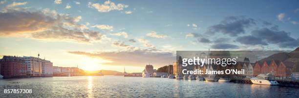 sunset in harbor panoramic, bergen, norway - bergen norway stock pictures, royalty-free photos & images