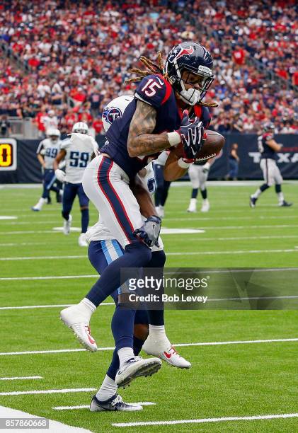 Will Fuller of the Houston Texans is unable to hold onto the ball at NRG Stadium on October 1, 2017 in Houston, Texas. Houston won 57-14.