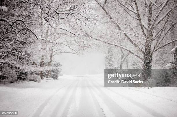 snowy road in snow storm. - winters day stock pictures, royalty-free photos & images